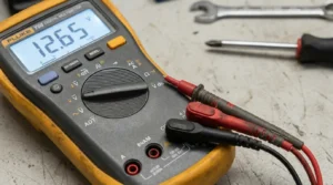 connecting multimeter probes to positive and negative battery terminals