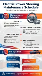 Pinterest-style infographic showing an electric power steering maintenance schedule with monthly, semiannual, yearly inspections and practical tips for reliable EPS performance