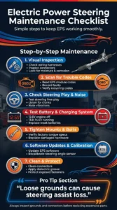 Infographic showing step-by-step electric power steering maintenance including wiring inspection, OBD2 scanning, battery testing, calibration, and connector protection