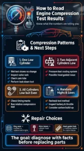 Automotive infographic explaining engine compression test patterns including low cylinders, head gasket issues, timing problems, and recommended repair paths