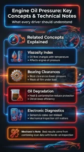 Automotive infographic explaining engine oil pressure concepts including viscosity index, bearing clearances, oil degradation, and electronic diagnostics