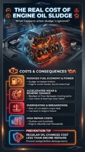 Infographic explaining the costs and consequences of engine oil sludge including poor fuel economy, engine wear, overheating, and expensive repair costs
