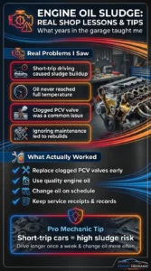 Automotive infographic explaining real-world engine oil sludge causes including short-trip driving, clogged PCV valves, and poor oil maintenance with prevention tips from mechanic experience