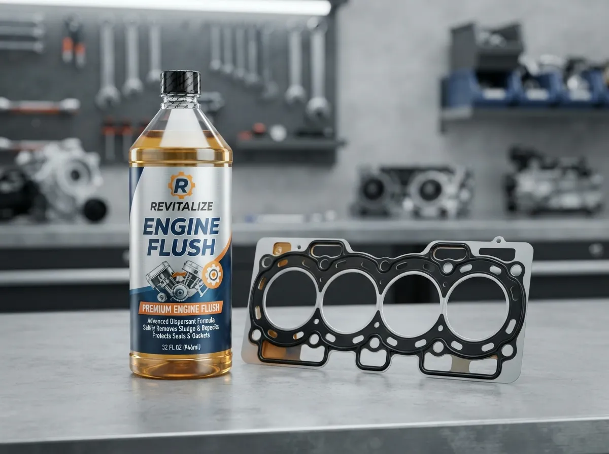 Premium engine flush bottle highlighting safe dispersants and rubber seal protection for high-mileage engines
