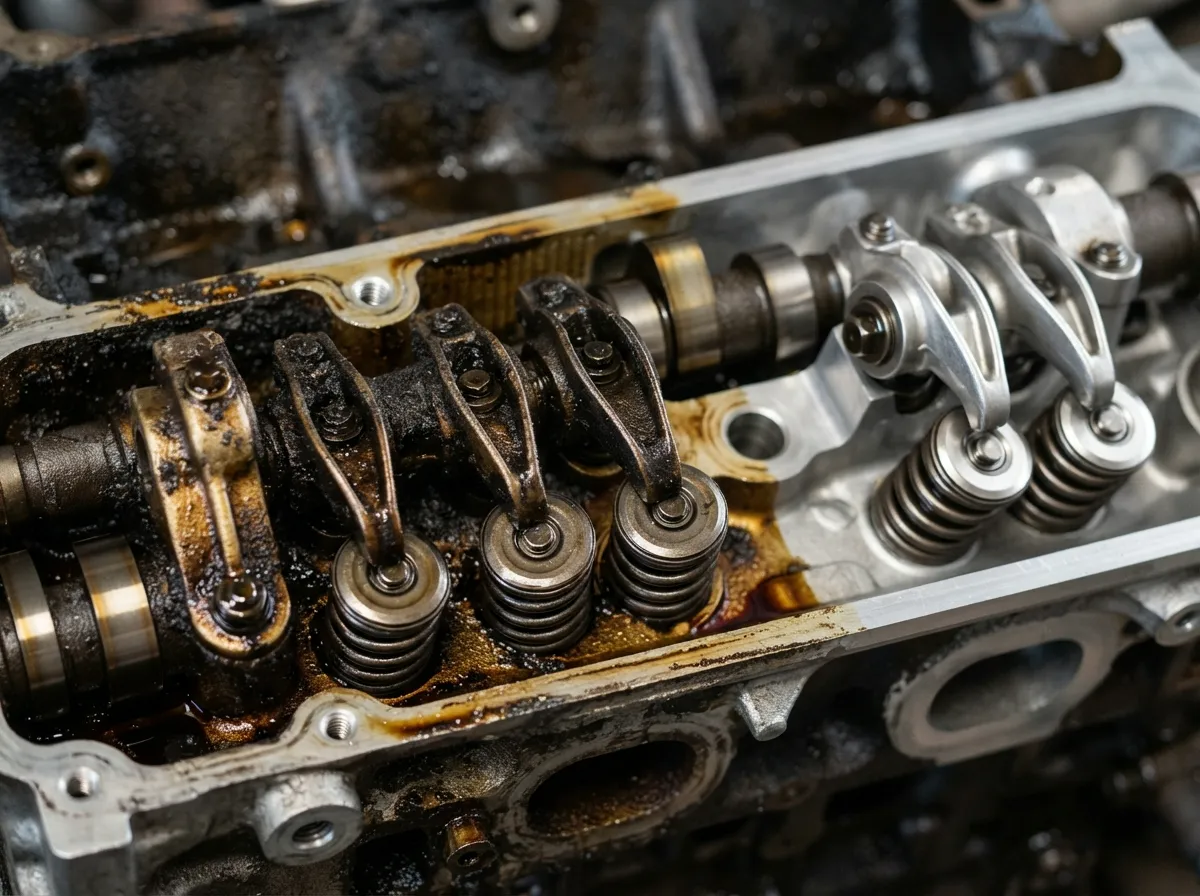 Varnish and carbon buildup inside a high-mileage engine requiring an engine flush treatment
