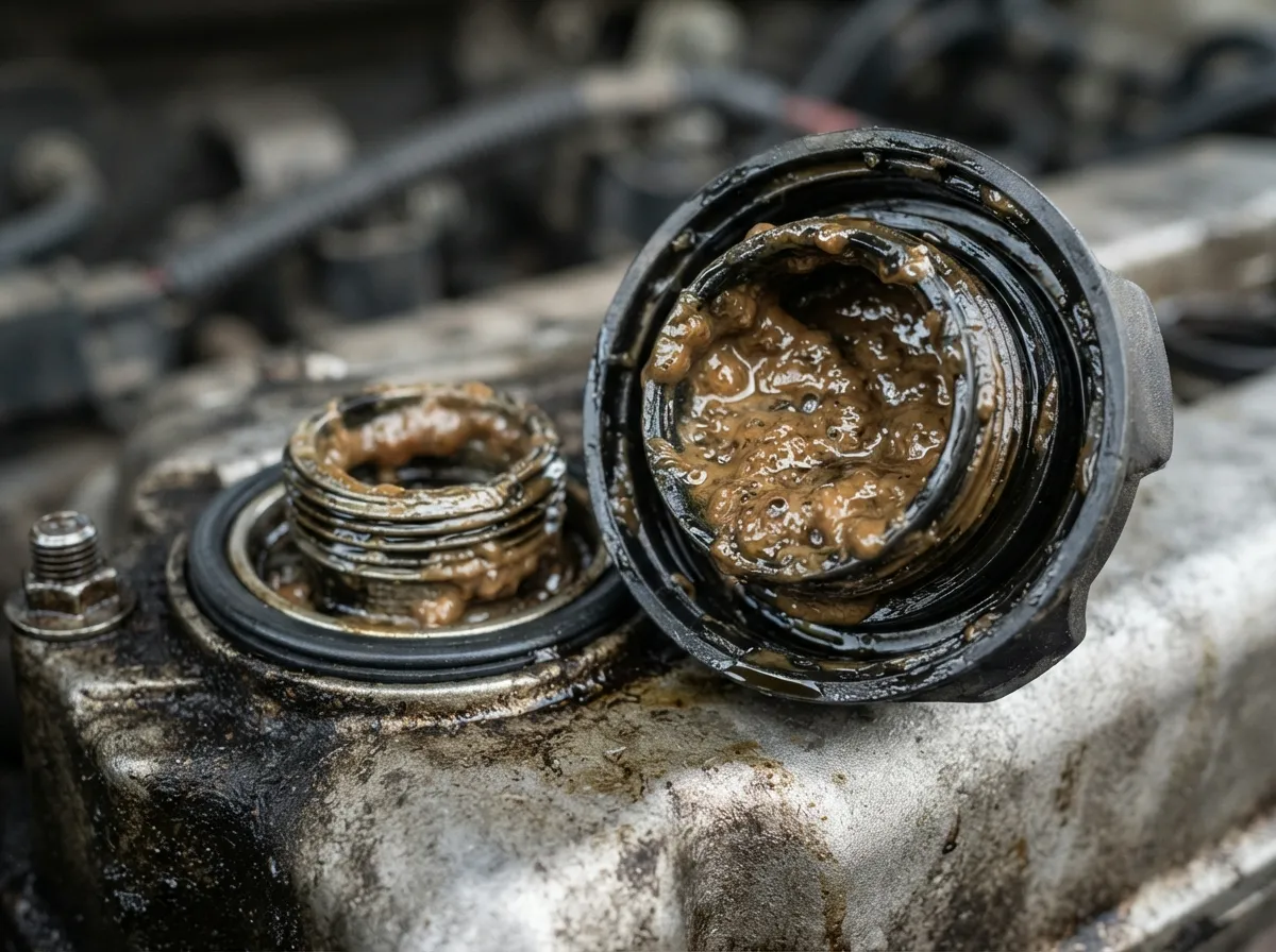 Thick brownish-black engine oil sludge buildup under an engine oil filler cap