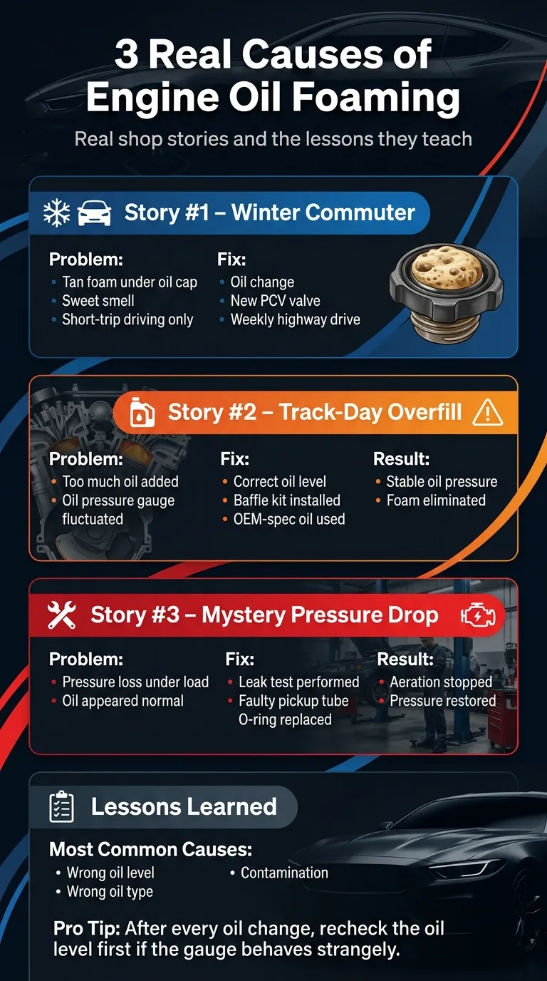 Automotive infographic sharing three real-world engine oil foaming cases including moisture contamination, overfilled oil, and pickup tube leaks with proven fixes and lessons learned