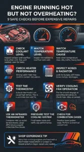Automotive infographic showing how to diagnose an engine running hot but not overheating, including coolant checks, thermostat testing, cooling fan inspection, and pressure testing steps.