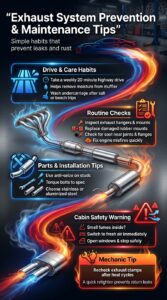 Infographic showing exhaust system maintenance and prevention tips including undercarriage washing, checking mounts, fixing leaks, and improving cabin safety