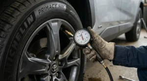 locating tire valve stem before checking tire pressure