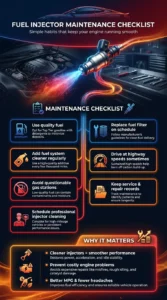 Automotive infographic showing a fuel injector maintenance checklist including fuel quality, filter replacement, injector cleaner use, and professional cleaning tips