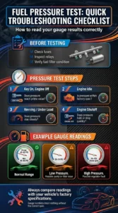 Pinterest-style automotive infographic showing a fuel pressure testing checklist with normal, low, and high PSI readings to diagnose fuel pump, filter, and regulator problems
