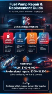 Automotive infographic explaining fuel pump repair options, replacement costs, OEM vs aftermarket pumps, and practical maintenance tips for avoiding repeat failures