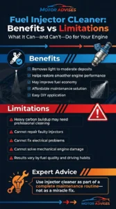 Automotive infographic comparing fuel injector cleaner benefits and limitations, including improved fuel economy, smoother performance, and situations where professional repair may still be needed.