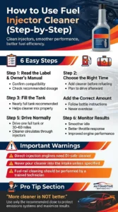 Step-by-step infographic explaining how to use fuel injector cleaner safely, including dosage, fueling instructions, driving recommendations, and important safety warnings.