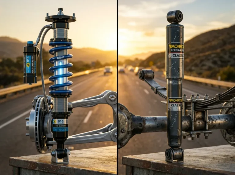 alt="Mechanic inspecting a gas-charged shock absorber for oil leaks and worn bushings"