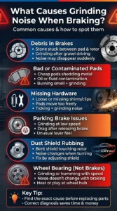 Infographic explaining causes of grinding noise when braking including debris, worn brake pads, missing hardware, dust shield issues, and wheel bearing problems