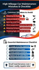 Infographic showing common high mileage car maintenance mistakes and a checklist including oil changes, coolant checks, and transmission fluid monitoring