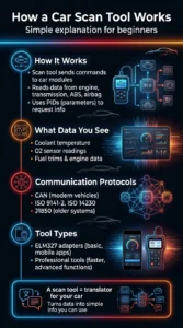 Infographic explaining how a car scan tool works including reading ECU data, using OBD2 protocols, and translating vehicle diagnostics into simple information