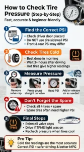 Step by step infographic showing how to check tire pressure correctly including finding PSI, using a tire gauge, adjusting air pressure, and checking tires cold