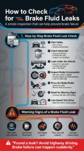 Automotive infographic showing how to inspect a vehicle for brake fluid leaks, including checking the reservoir, brake lines, calipers, and warning signs of brake system failure