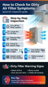 Infographic showing step by step how to inspect a dirty HVAC air filter including checking airflow, dust buildup, odors, and filter blockage