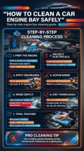 Pinterest style infographic explaining how to safely clean a car engine bay including covering electronics, applying degreaser, gentle rinsing, drying, and final inspection
