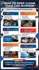 Step-by-step automotive infographic showing how to deep clean a car interior including vacuuming, dashboard cleaning, carpet shampooing, leather conditioning, and glass cleaning tips