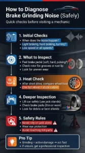 Infographic showing how to diagnose grinding noise when braking including checking rotors, brake pads, heat differences, and safety inspection steps