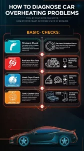 Infographic explaining how to diagnose car overheating problems using coolant checks, radiator fan testing, thermostat inspection, OBD2 scanning, and cooling system tools