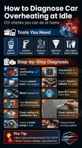Infographic showing step by step diagnosis for car overheating at idle including cooling fan checks, coolant inspection, thermostat testing, and pressure testing