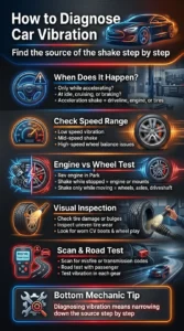 Automotive infographic explaining how to diagnose car vibration by checking acceleration, speed range, engine tests, tire condition, and OBD scan results