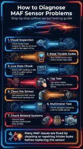 Automotive infographic explaining step-by-step diagnosis of mass air flow sensor problems using visual inspection, OBD scanner, live data, cleaning, and multimeter testing