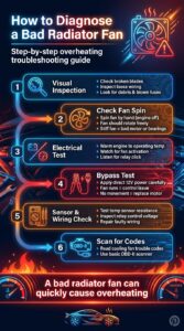 Automotive infographic showing step by step diagnosis of a bad radiator fan including visual inspection, electrical testing, bypass testing, and sensor checks