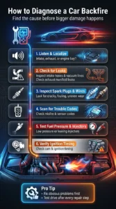 Automotive infographic showing step by step car backfire diagnosis including checking leaks, spark plugs, fuel pressure, OBD-II codes, and ignition timing