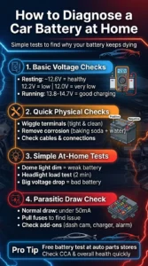 Infographic showing how to test a car battery at home using a multimeter including voltage checks, load testing, and parasitic draw diagnosis