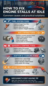 Automotive infographic explaining how to fix engine stalls at idle with fuel system, intake, sensor, ignition, and throttle body repair solutions for smoother engine performance