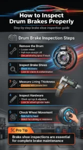 Infographic showing how to inspect drum brakes including removing the drum, checking brake shoe thickness, inspecting springs and wheel cylinders, and testing wheel movement