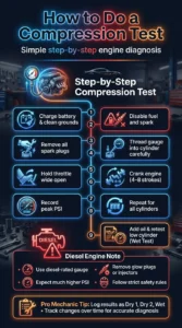 Automotive infographic showing step by step engine compression test process including dry test, wet test, spark plug removal, and PSI recording