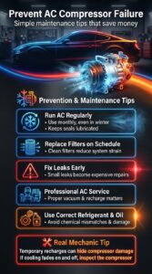 Automotive infographic explaining AC compressor maintenance tips including running the AC regularly, replacing filters, fixing leaks, and using proper refrigerant