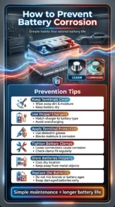 Automotive infographic showing practical ways to prevent battery corrosion including cleaning terminals, using proper chargers, tightening clamps, and applying dielectric grease