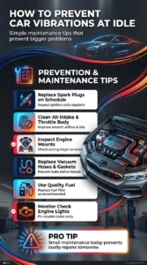 Automotive infographic showing maintenance tips to prevent car vibration at idle including spark plug replacement, throttle body cleaning, engine mount inspection, and vacuum hose checks