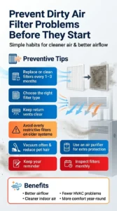 Infographic showing preventive tips for avoiding dirty air filter symptoms including regular filter replacement, cleaning vents, reducing dust, and using air purifiers