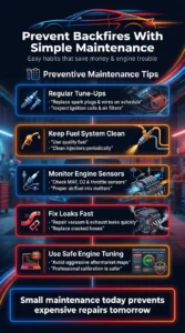 Automotive infographic showing preventive maintenance tips to avoid engine backfires including tune-ups, sensor checks, fuel system cleaning, and fixing leaks