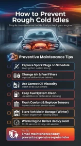 Automotive infographic showing preventive maintenance tips to avoid rough cold engine idle including spark plug replacement, filter changes, proper oil use, and winter care tips