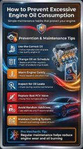 Automotive infographic showing prevention tips for excessive engine oil consumption including proper oil changes, PCV valve maintenance, leak checks, and cooling system care