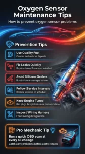Infographic explaining oxygen sensor maintenance tips including quality fuel, fixing leaks, avoiding silicone sealers, and using OBD scans to prevent sensor failure