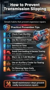 Automotive infographic explaining practical ways to prevent transmission slipping including fluid checks, proper servicing, towing precautions, and cooling upgrades