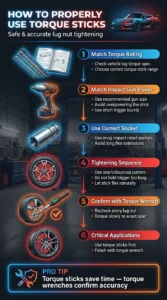 Automotive infographic explaining how to properly use torque sticks with impact wrenches including torque matching, tightening sequence, and final torque wrench check