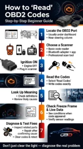 Automotive infographic showing step by step process for reading OBD2 codes using a scanner including locating the port, reading codes, checking live data, and diagnosing issues